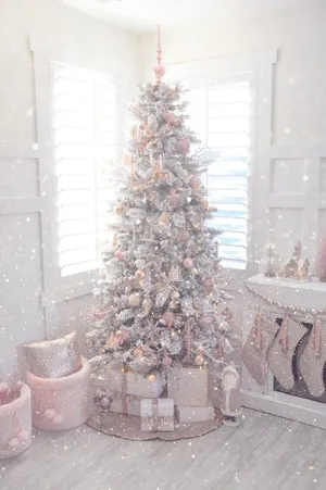 A White And Pink Christmas Tree In A Room Wallpaper