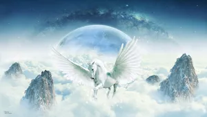 A White Unicorn Flying In The Clouds Wallpaper