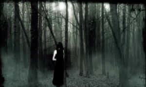 A Woman In A Dark Forest With A Flashlight Wallpaper