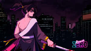 A Woman In A Kimono Holding A Sword In Front Of A City Wallpaper