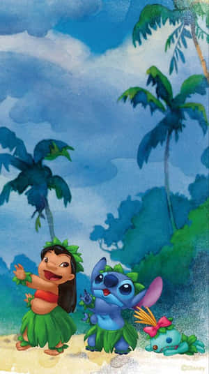 Adorable Stitch And Lilo Dancing In The Beach Wallpaper