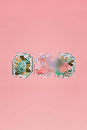 Aesthetic Pink Kawaii Boxed Plants And Flowers Wallpaper