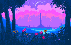 Aesthetic Pixel Art Garden At Night Wallpaper