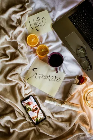 Aesthetic Tumblr Laptop Bed Flat Lay Wallpaper