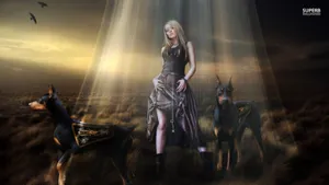 Airship Engineer Takes Her Robotic Canines For A Morning Stroll Wallpaper