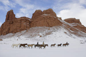 American Cowboys In Snowy Wyoming Wallpaper