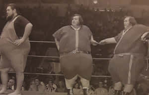 American Professional Wrestler Haystacks Calhoun With The Mcguire Twins Wallpaper