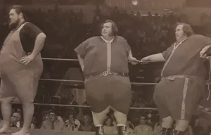 American Professional Wrestler Haystacks Calhoun With The Mcguire Twins Wallpaper