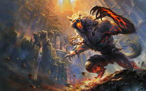 An Enraged Werewolf Standing Atop A Mountain Of Fire Wallpaper