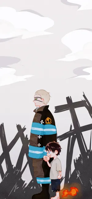 Animated Firefighterand Child Wallpaper