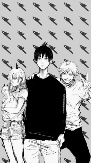 Anime Art Black And White Chainsaw Man Trio Phone Wallpaper