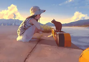 Anime Cat By The Mountains Wallpaper