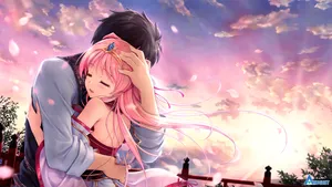 Anime Couple Hug Pink Sky Wallpaper
