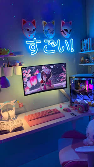 Anime Inspired Gamer Roomwith Neon Lights Wallpaper