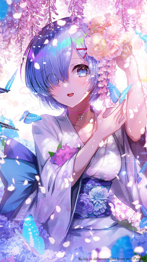 Anime Waifu Rem Re Zero Blue Aesthetic Kimono Wallpaper