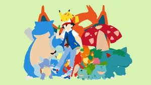 Ash Ketchum With Pikachu, Wartortle, And Other Pokémon Wallpaper