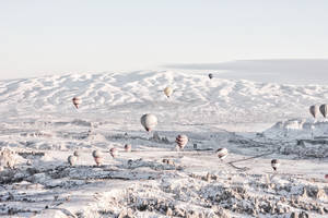 Assorted-color Air Balloons Below Snowland At Daytime Wallpaper