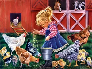 Baby Feeding Chicken Animals On The Farm Wallpaper