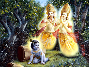 Baby Krishna Playing In Garden Wallpaper