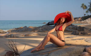 Beach Woman Bikini With Red Hat Wallpaper