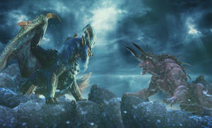 Behemoth Clashes With Lunastra In Monster Hunter World Wallpaper