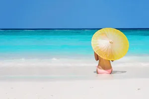 Bikini Girl Umbrella Facing The Sea Wallpaper