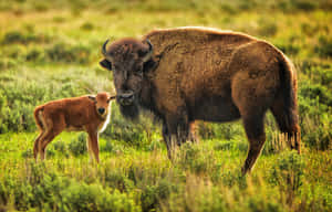 Bison_and_ Calf_in_ Grassland.jpg Wallpaper