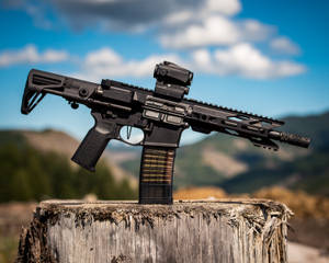 Black Assault Rifle On Brown Wooden Log Wallpaper