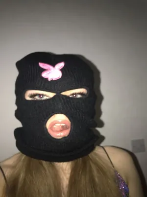 Black Ski Mask Girl With Pink Bunny Logo Wallpaper