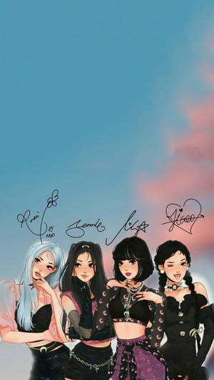 Blackpink Cartoon With Signature Wallpaper