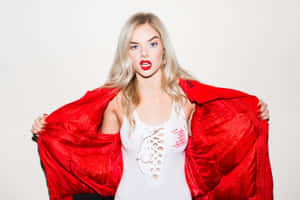 Blonde Woman Red Jacket White Top Wallpaper