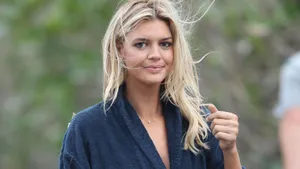 Blonde Womanin Blue Robe Outdoors Wallpaper