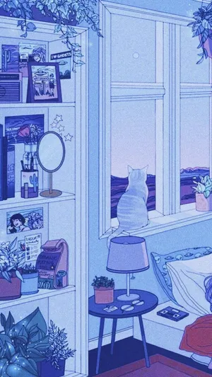 Blue Anime Bedroom Aesthetic Wallpaper