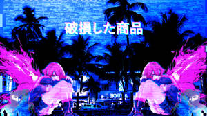 Blue Anime Pink-winged Girl Aesthetic Wallpaper