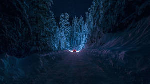 Blue Anime Snowy Night Road Aesthetic Wallpaper