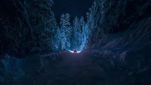 Blue Anime Snowy Night Road Aesthetic Wallpaper