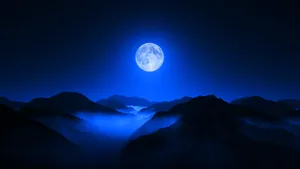 Blue Beautiful Full Moon Mountain Ranges Wallpaper