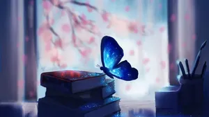 Blue Butterfly Aesthetic On Books Wallpaper