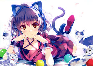 Blue-eared Anime Cat Girl Wallpaper