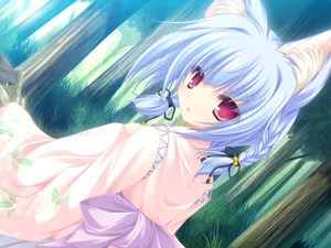 Blue Haired Anime Neko Girlin Forest Wallpaper