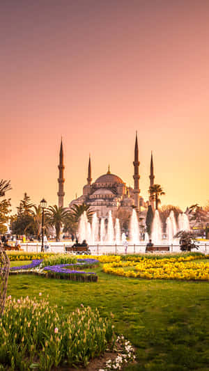 Blue Mosque Garden In Pastel Sky Wallpaper