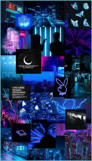 Blue Neon Aesthetic Collage Wallpaper