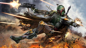 Boba Fett Bravely Faces Bank Of Blasters Wallpaper