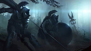 Brave Knights Journey Through A Dark Forest Wallpaper