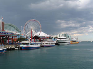 Breathtaking View Of Boats At Navy Pier Wallpaper