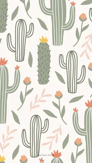Cactus Pattern With Flowers And Leaves Wallpaper