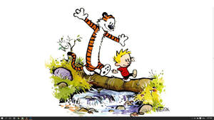 Calvin And Hobbes Taking On An Outdoor Adventure Wallpaper