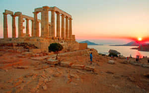 Cape Sounion Ruins Orange Sunset Wallpaper