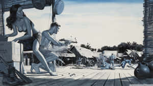 Caption: Enthralling Epic Battle Under A Thunderous Sky Wallpaper