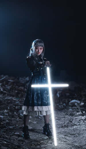 Caption: Illuminated Neon Cross Against A Dark Background Wallpaper